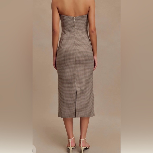 Meshki Christie Strapless Midi Dress in Tan Check | Tailored Bustier Dress - Picture 4 of 9
